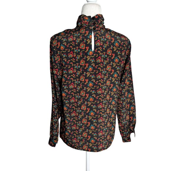 Vintage 80s Impressions Floral Blouse Size Med Mock Neck Buttons Long Sleeves - Picture 4 of 7